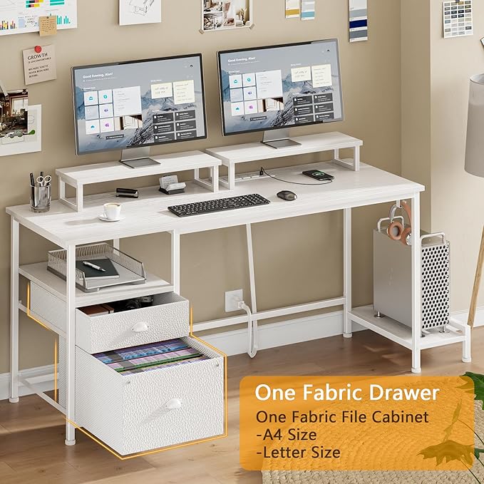Furologee 55" Computer Desk with File Cabinet and Power Outlets, Home Office Desk with 2 Monitor Stands and Storage Drawer, Writing Gaming Table with Shelves and 2 Hooks for Bedroom, White