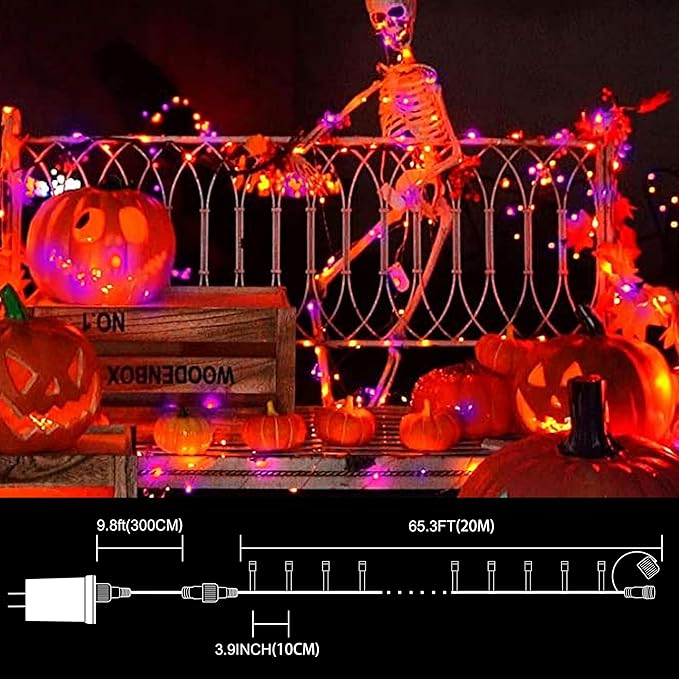 LAMPHOME 66ft Halloween Decorative Mini Lights, 200 LED Green Wire Fairy Starry String Lights Plug in, 16 Lighting Modes, for Halloween Decoration Outdoor Party Decoration (Orange and Purple)