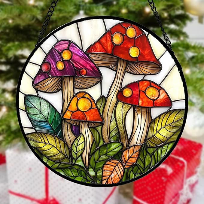Stained Glass Window Hanging, Mushroom Leaves Suncatcher for Doors Home Sun Catchers Decoration and Christmas, Mother's Day Birthday Gifts for Women, Men, and Mom 14.9x14.9 in