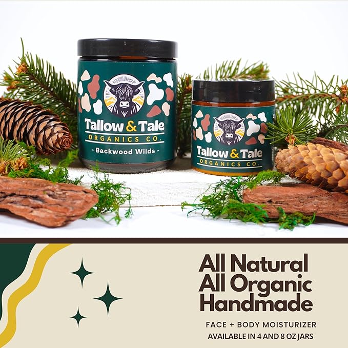 Tallow And Tale Grass-Fed & Finished Organic Tallow Cream | Face & Body Moisturizer | For Sensitive, Dry & Irritated Skin (8 OZ, Backwood Wilds - Pine, Fir Needle, Frankincense & Rosemary)