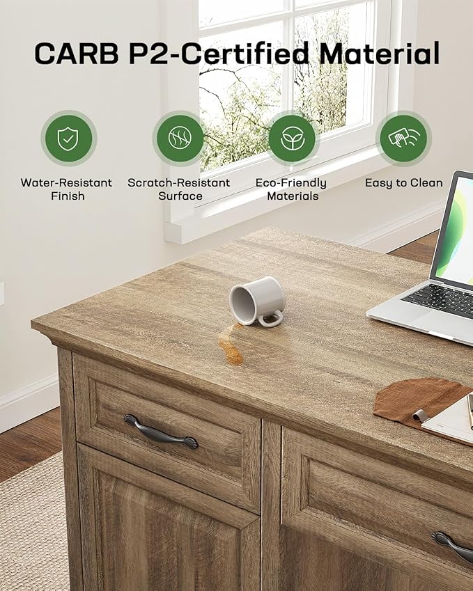 Marsail 60″ Farmhouse Executive Desk, Home Office Desk with Storage Cabinet, Charging Station, Adjustable Shelf, and File Drawer, Rustic Computer Writing Desk for Work & Study, Natural