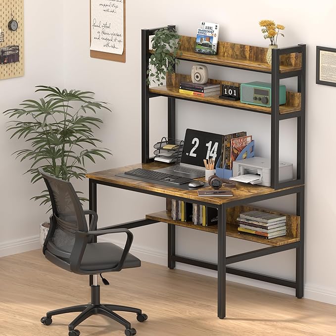 Aquzee Computer Desk with Hutch, 47“W x 23.6" D Desk with Shelves, Tall Home Office Desk with Bookshelf, Metal Legs Study Table with Upper Storage Shelf for Study Writing/Workstation