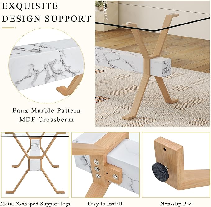 Glass Dining Table 71"｜Modern Dining Table for 6-8｜0.4" Thick Tempered Glass Top｜Wood Pattern Metal Legs｜Marble Crossbar｜Easy Assembly｜Perfect for Dining Room or Kitchen