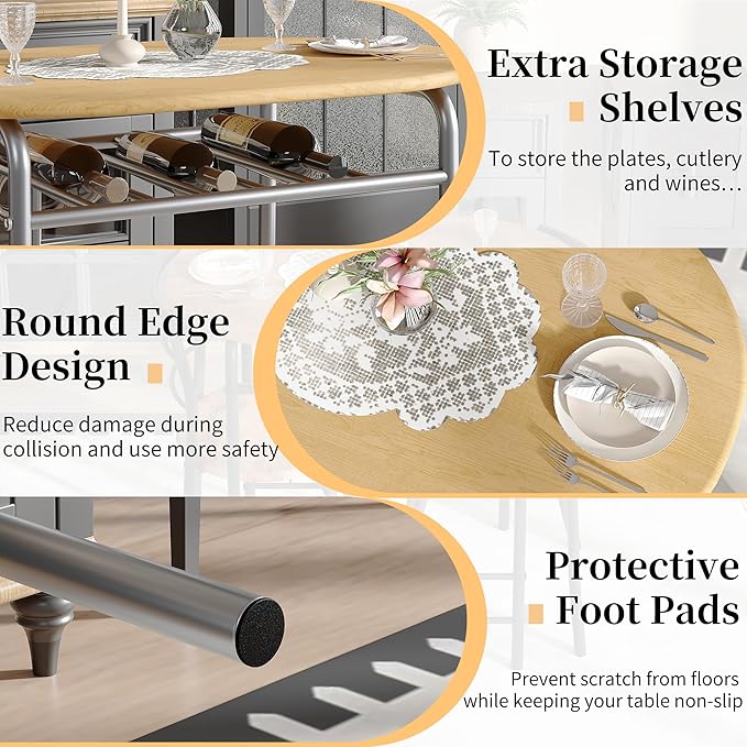 VECELO 3-Piece Dining Table Set for Kitchen Breakfast Nook, Wood Grain Oval Tabletop and Metal Frame with Built-in Wine Rack, for Small Spaces, Natural & Silver