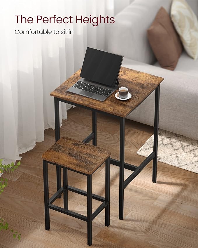 VASAGLE Bar Table and Chairs Set, Square Table with 2 Stools, Dining Pub Set for 2, Space Saving for Kitchen Breakfast, Living Room, Party Room, Rustic Brown and Ink Black