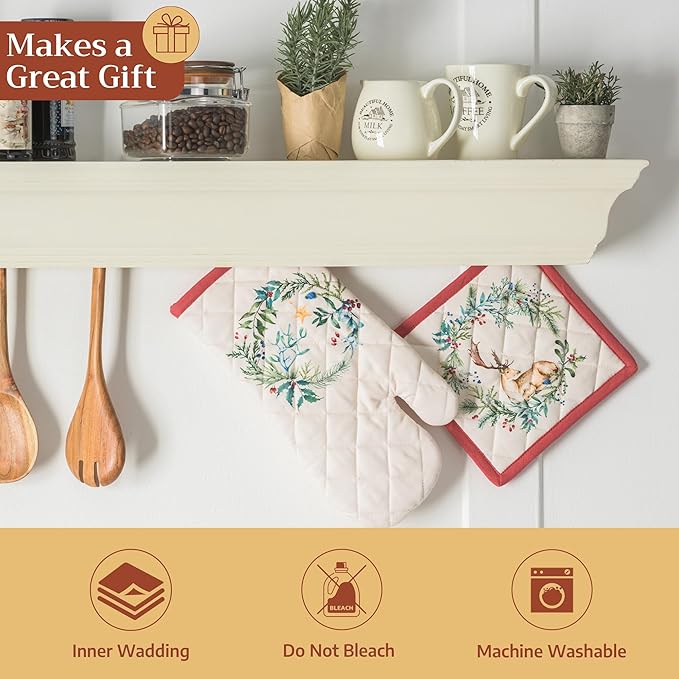 Maison d' Hermine 100% Cotton Oven Mitt & Pot Holder Set (7.5"x13" & 8"x8") Heat Resistant BBQ Cooking Gloves with Loop for Thanksgiving Christmas Decorations Handling Hot Pans (Holly Time)