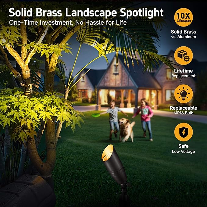 Gardenreet Landscape Spotlights Low Voltage - Brass 12V Outdoor Uplight LED, Wired Spot Lights IP65 Waterproof, Adjustable Focus Bronze for Exterior Garden Yard Tree House Without MR16 Bulb