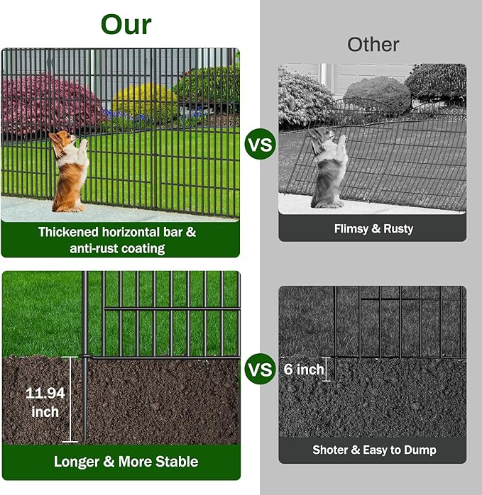 No Dig Decorative Garden Fence 4 Panels with Gate, 48 in (H) x 10.4 ft (L), Dog Fence Outdoor for Yard，Rustproof Metal Animal Barrier Ground Stakes Fencing for Garden, Patio, Flower Bed