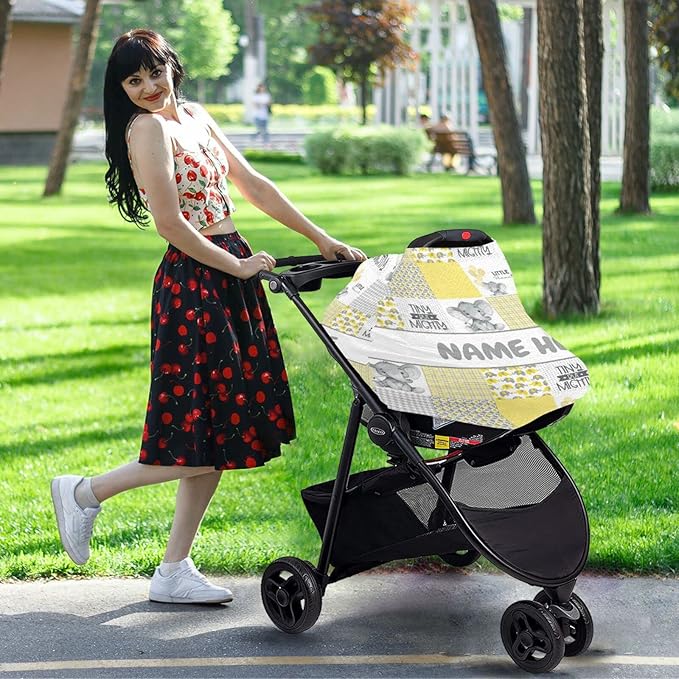 Personalized Cute Elephant Yellow Baby Car Seat Cover for Babies with Name, Custom Baby Car Seats Canopy for Boys Girls, Nursing Breastfeeding Stroller Covers Infant Car Seat Blanket for Newborn