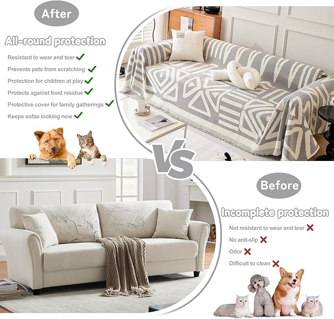 HANDONTIME Grey Sofa Cushion Covers Boho Couch Sofa Covers Dog Couch Cover for Sofa Chenille Couch Sofa Slipcover for Pets Sofa Cover Thick Washable Sectional Slip Covers for Sofas/Couches, 91" X118"