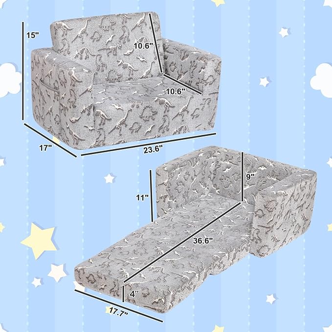 ALIMORDEN 2-in-1 Flip Out Cuddly Sherpa Toddler Couch, Convertible Sofa to Lounger, Glow in The Dark,Dinosaurs