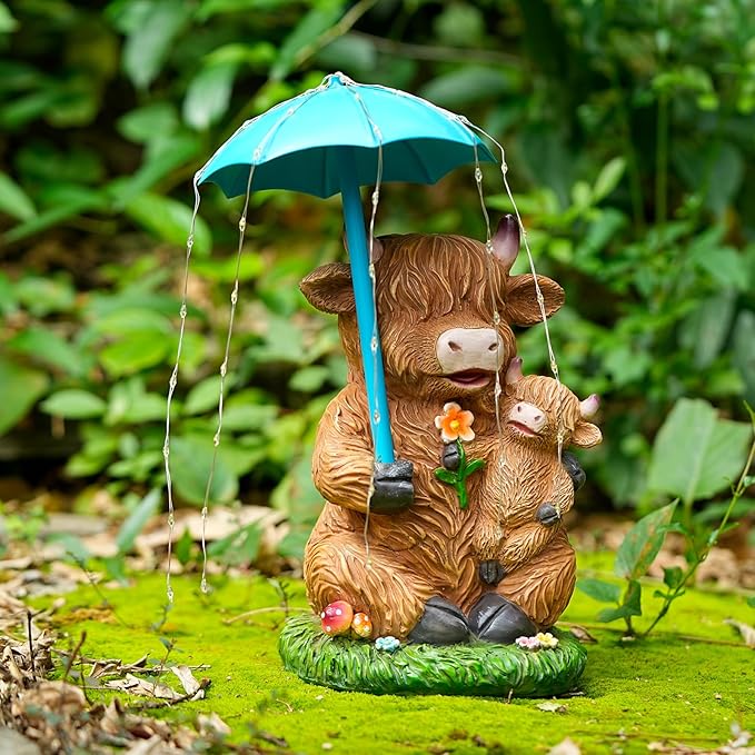 Solar Garden Statues Resin Loving Highland Cow Umbrella Lights Outdoor Decor Gifts for Yard, Patio Decorations
