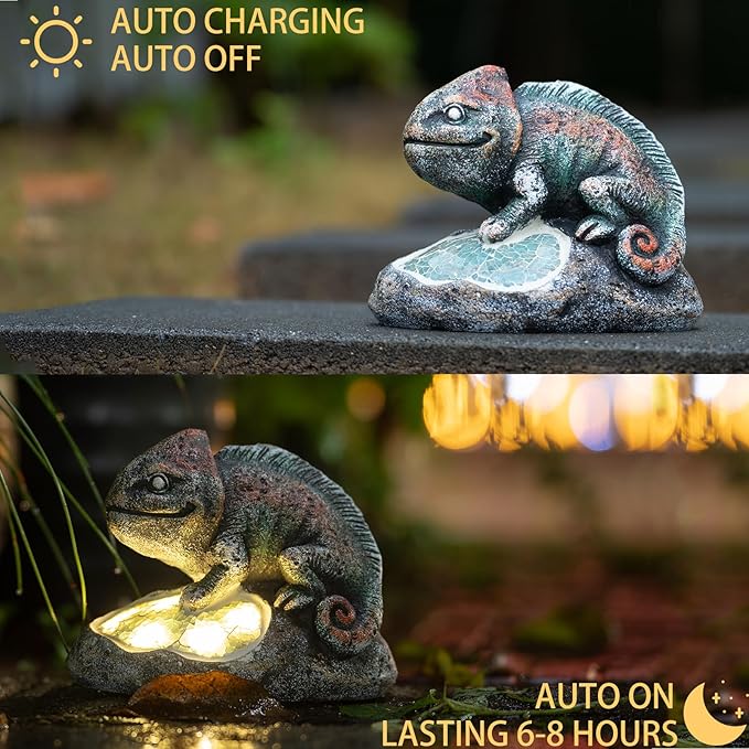 Solar Chameleon Garden Statues Outdoor Decor Resin Chameleon Figurine with Solar Light for Patio,Balcony,Yard,Lawn Ornament,Perfect Garden Gift