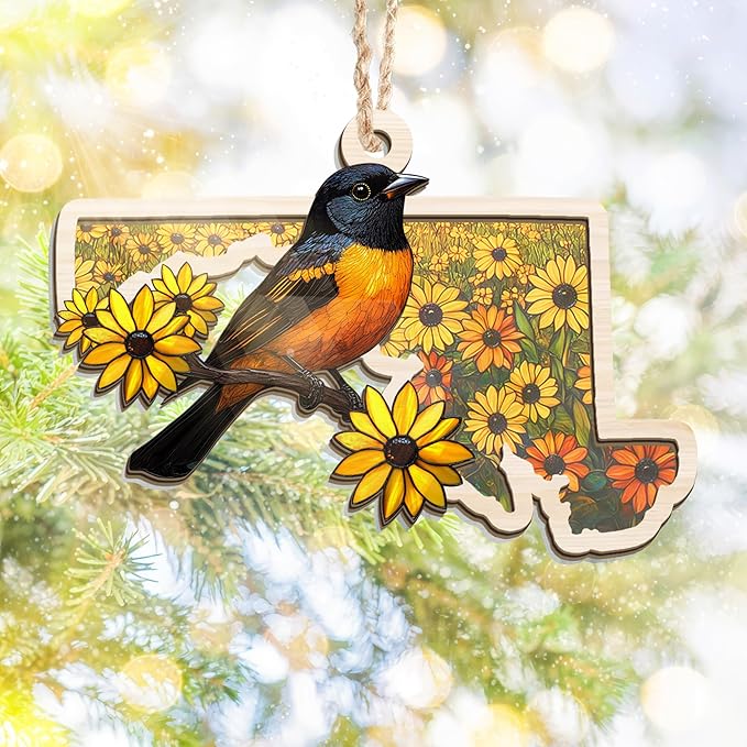 FLAGWIX Maryland Christmas Ornament 2025 - Suncatcher Christmas Ornaments for Tree Decorations - Maryland Gifts for Women Men, Baltimore Oriole and Black-Eyed Susan State Ornaments, Housewarming Gifts
