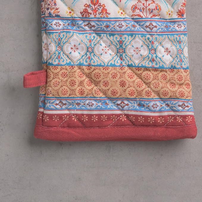 Maison d' Hermine 100% Cotton Oven Mitt & Pot Holder Set (7.5"x13" & 8"x8") Heat Resistant BBQ Cooking Gloves with Loop for Thanksgiving Christmas Decorations Handling Hot Pans (Romane)