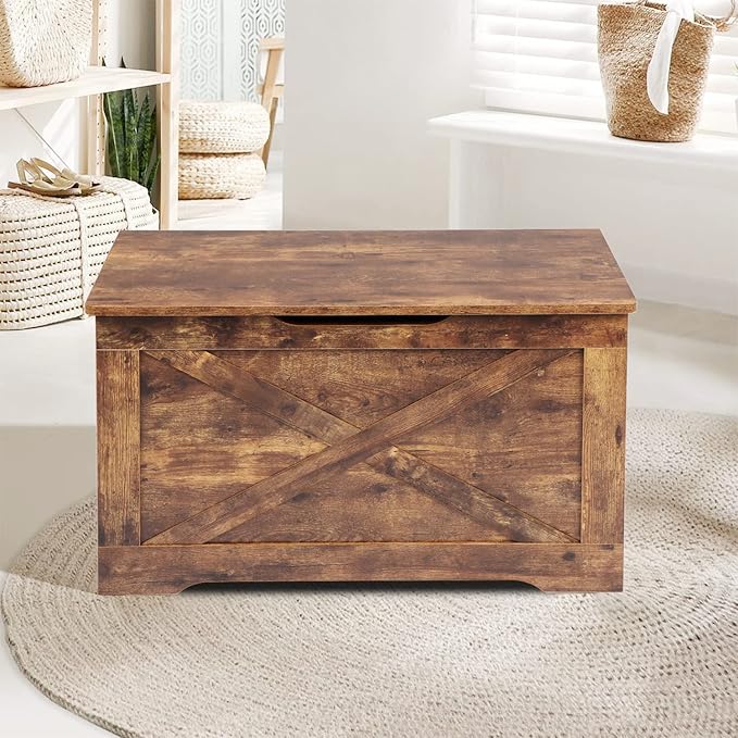 Storage Chest, Wooden Storage Bench, Entryway Shoes Bench with 2 Safety Hinges, Retro Storage Trunk for Living Room, Bedroom, 15.7 x 31.5 x 18.9 Inches, Rustic Brown