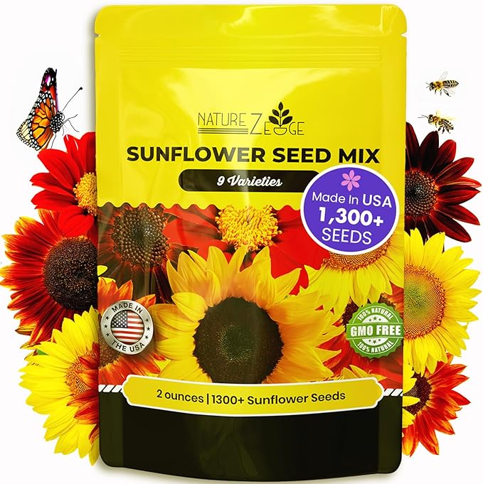 NatureZ Edge 1300+ Sunflower Seeds Garden Variety Pack, Bulk Sunflower Seeds for Planting Flowers, Get More Sunflower Seeds to Plant, Mammoth, Dwarf, Lemon Queen, Giant and More. 2oz Packet