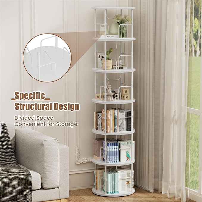 6 Tier Rotating Bookshelf, 360 ° Display Stackable Spinning Bookshelf Tower, Corner Bookshelf Tall Floor Standing Swivel Bookcase Narrow Storage Organizer for Bedroom, Living Room, White