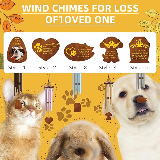 Personalized Pet Memorial Wind Chimes Custom - Custom Dog Memorial Wind Chime - Bereavement Gift for Pet Loss, Healing Wind Chimes for Loss of Cat (Dog Shape)