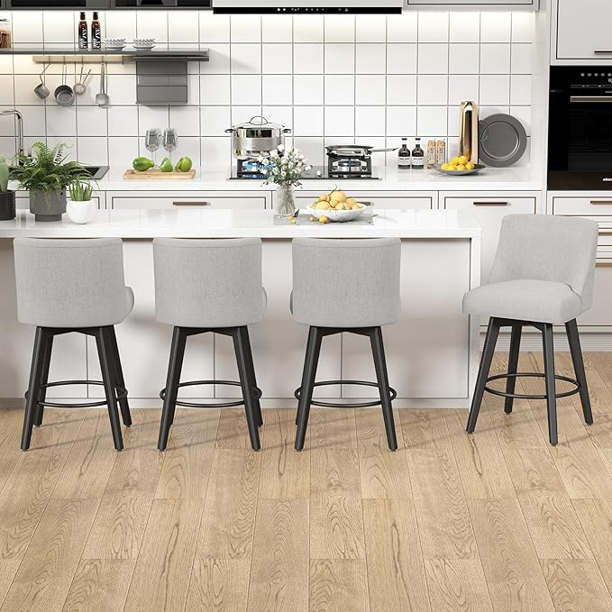 Counter Height Swivel Bar Stools Set of 2, 26 Inch Bar Stools with Footrest, Linen Fabric Upholstered Barstools with Back and Solid Wood Legs for Kitchen Island, Dining Room,Pub,Light Grey