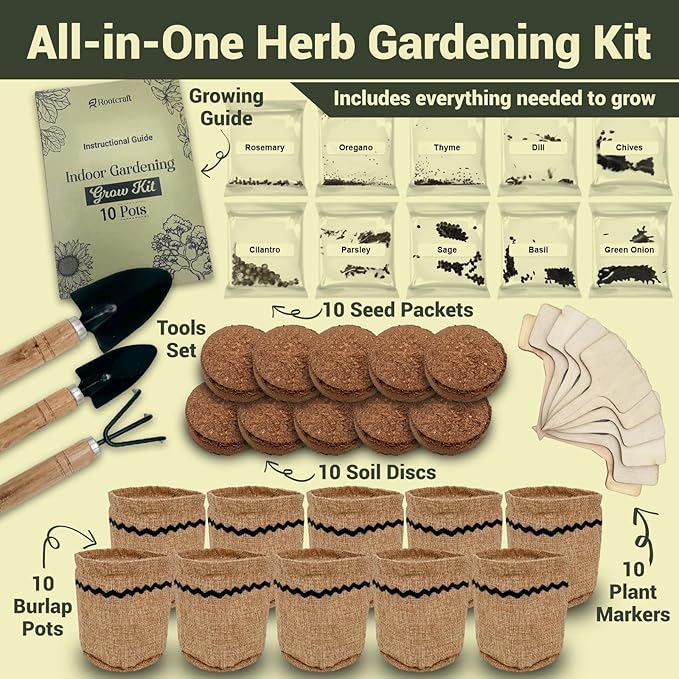 10 Herb Garden Planter Indoor Kit, 44pcs Complete Kitchen Herb Starter Set Including Burlap Pots, Markers, Soil Discs, Gardening Tools, Unique Easter/Birthday/Christmas Gift Ideas for Women, Mom