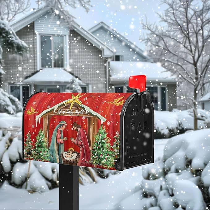 Christmas Mailbox Cover Holy Night Nativity Magnetic Mailbox Covers Religious Xmas Jesus Nativity Scene Decorative Post Letter Box Wrap for Winter Holiday Outdoor Yard Decor 21 X 18 Inch