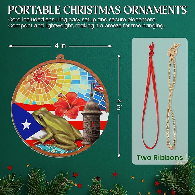 FLAGWIX Christmas Puerto Rico Gifts for Women Men - Coqui Frog Suncatcher Ornaments for Tree Decorations - Puerto Rico Christmas Ornament 2025, House Warming Gifts for Mom Dad, Friend Gift Ideas