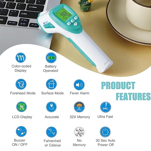 Amplim No-Touch Forehead Thermometer for Adults, Kids, and Infants: Digital Temporal Touchless Medical Grade Thermometer with LCD Display, Registry Must Have for Body Fever Temperatures, Blue