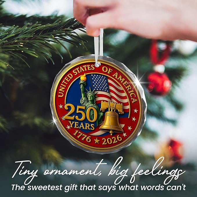 FLAGWIX 250th Anniversary USA Ornament for Patriotic Christmas Decorations - Glass Patriotic Christmas Ornaments - United States 250 Years American Anniversary Bell Ornament, Veterans Day Gifts Bulk