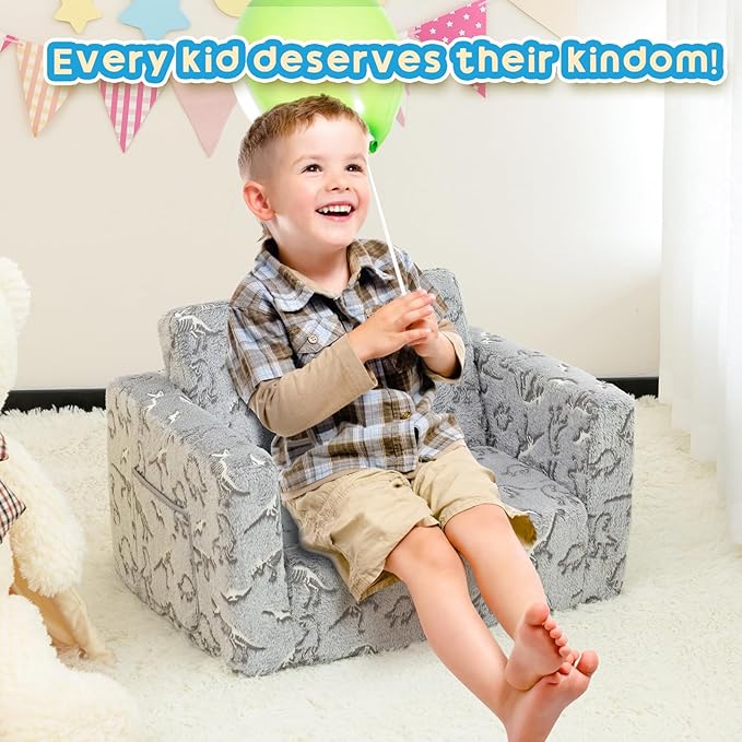 ALIMORDEN 2-in-1 Flip Out Cuddly Sherpa Toddler Couch, Convertible Sofa to Lounger, Glow in The Dark,Dinosaurs