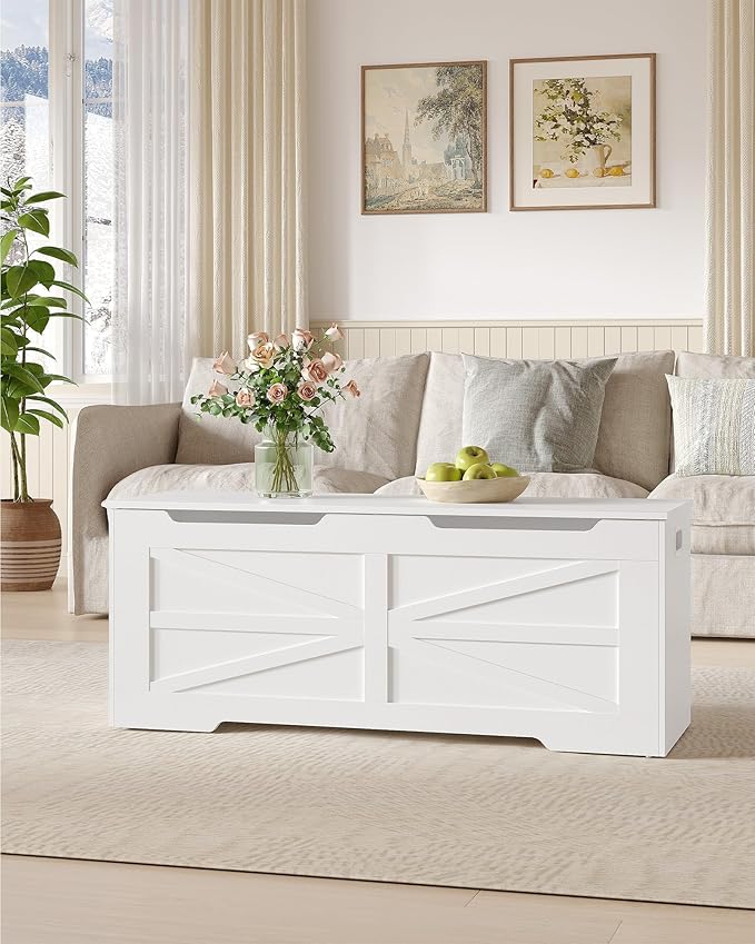 47.2" Storage Chest, Extra Large Storage Trunk with 2 Safety Hinges, Wooden Box Bench, Lift-Top Organizer Chest, Shoe Bench for Entryway, Bedroom, Living Room, White SB13403X