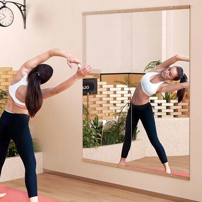 Hasipu 2Pcs 55''x17'' Home Gym Mirror Large Full Length Wall Mounted Full Body Mirror for Yoga Dance Fitness Exercise Studio Bedroom Garage, Frameless Tempered Glass Workout Mirrors Walnut Rectangular