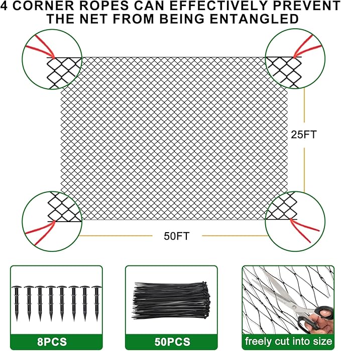 Bird Net 25'x50' Bird Netting for Chicken Coop Roof, Nylon 3/4" Mesh Poultry Netting Garden Nettings for Fruits Trees Plant, Aviary Nettings Deer Fence Trellis Net