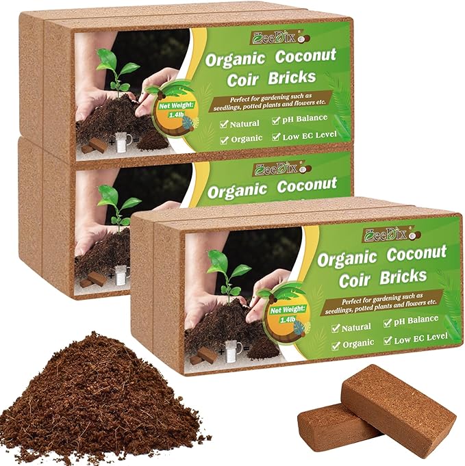 ZeeDix 6 Pcs Coco Coir Brick for Plants, 100% Organic Coconut Coir Bricks with Low EC and pH Balance, Compressed Coconut Husk Bricks for Gardening, Planting, Organic Potting Soil, High Water Retention