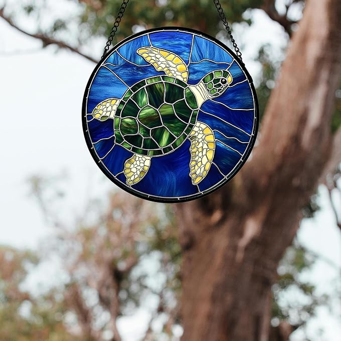 Stained Glass Window Hanging 4 Pcs Set Blue Ocean Turtle Dolphin 7.8" - Marine Life Suncatcher Garden Sun Catcher Decor Birthday Mother's Day for Mom Woman Nana Men