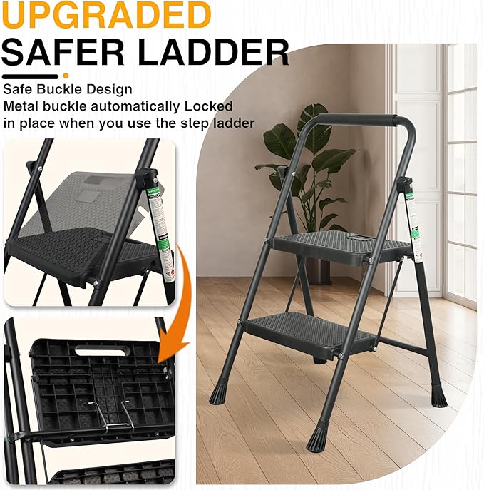 2 Step Ladder, Portable Steel Folding Step Stool with Wide Anti-Slip Pedal & Convenient Handgrip, 500lbs Sturdy Steel Ladder, Black