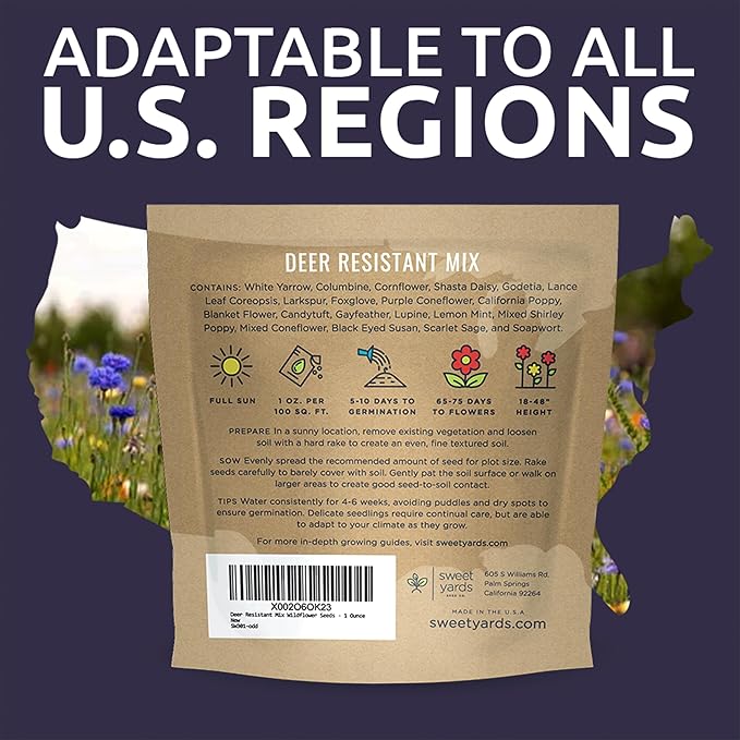 Deer Resistant Wildflower Seed Mixture - Bulk 1 Ounce Packet - Over 15,000 Deer Tolerant Seeds - Open Pollinated and Non GMO