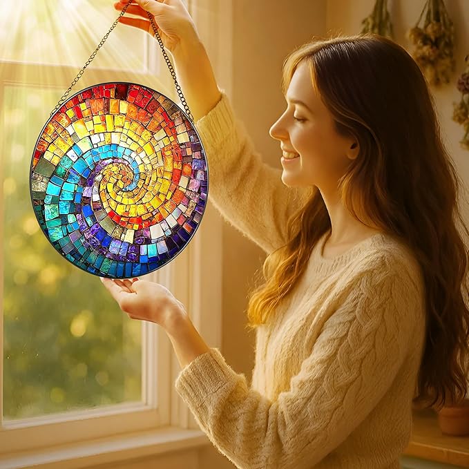 8'' Rainbow Spiral Suncatcher Ornament, Stained Glass Window Hanging, Sun Catchers for Windows Hanging Ornaments, Window Decor, Ideal Gift | Gifts for Art Lovers, Friends, Family