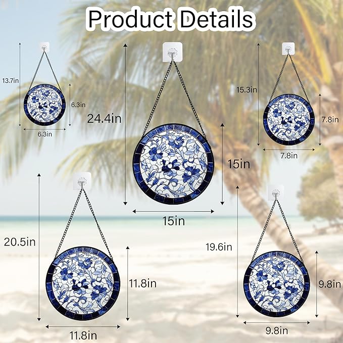 Stained Glass Window Hanging, Blue and White Abstract Flowers Sun Catcher for Door Home Decor Suncatcher Christmas Mother's Day Birthday Gifts for Women Men Mom and Nana 7.8 in