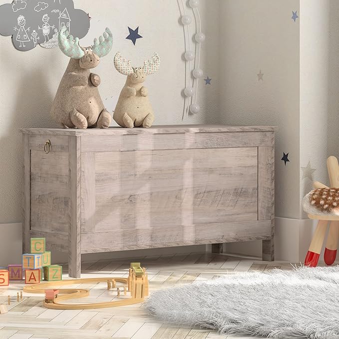 HOOBRO Toy Box, Retro Wooden Look Storage Chest with Safety Hinge, Entryway Storage Bench Supports 220 lb, 29.9 x 15.7 x 18.9 Inches Toy Chest Organizer, Easy Assembly (Greige) BG75CW01G1
