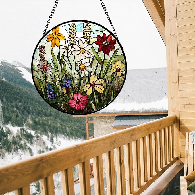 Stained Glass Window Hanging, Colorful Wildflowers Plant Scenery Suncatcher for Doors Window Home White Green Sun Catchers Decor Mother's Day Birthday Gifts for Women, Men Mom 9.8 in