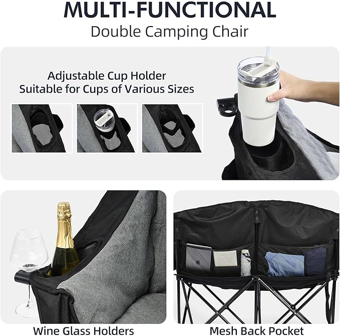 Double Camping Chair Loveseat - 2 Person Oversized Camping Couch for Adults Padded Heavy Duty Outdoor Lawn Beach Portable Folding XL Chairs with Cup Holders and Carry Bag Support 600lbs, Black/Grey