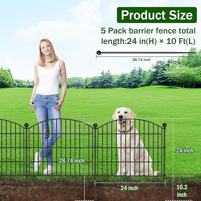 No Dig Decorative Garden Fence Animal Barrier - 5 Panels - 24 in (H) x 10 ft (L) - Dog Fence Outdoor for Yard, Rabbits and Small Pets - Tall Rustproof Metal Wire Fencing Border for Garden and Patio