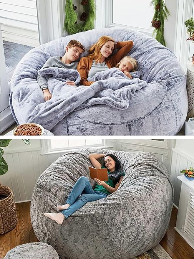 Bean Bag Chairs for Kids Comfy Fluffy Big Bean Bag Chair Cover Without Filler Round Sofa Chairs for Bedroom Living Room Decor, 5FT, Silver Pink