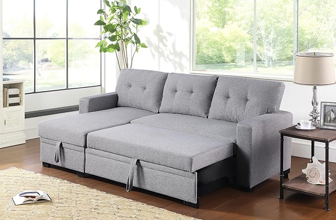 82 Inch Convertible Sleeper Sectional Sofa with Storage Chaise and Pull-Out Bed, Linen Upholstered Reversible Corner Couch, Modular L Shaped Couches for Living Room, Home Furniture, Light Gray