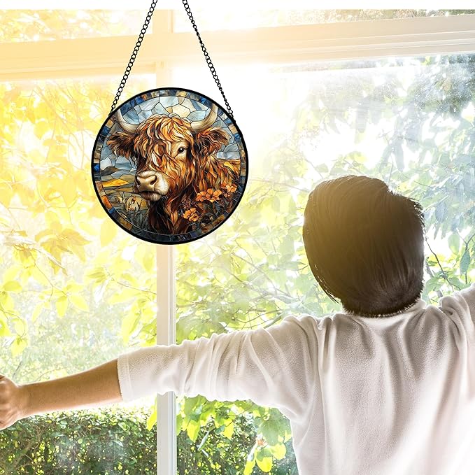 Stained Glass Window Hanging - Funny Cow Flower Suncatcher Ready to Hang Window Doors Home Decoration and Christmas, Mother's Day Birthday Gifts for Women, Men, and Mom 6.3x6.3 in