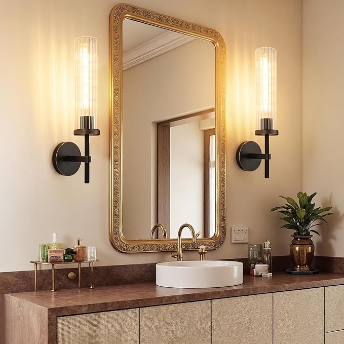 19.5" Knurled Brass Wall Sconces Set of 2, Black Gold Bathroom Vanity Light Fixtures with Vertical Striped Glass Tube, Modern Lamp Lighting for Bedroom, Living Room, Hallway, Staircase, Mirror