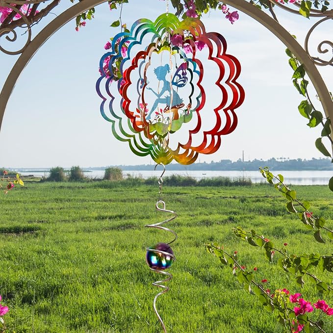 Fairy Wind Spinner - Kinetic Hanging Wind Sculpture | 12-Inch 3D Windcatcher for Garden, Metal Art Yard Decor, Outdoor Ornament & Lovely Gifts for Mother, Wife, Daughter, Girls & Women