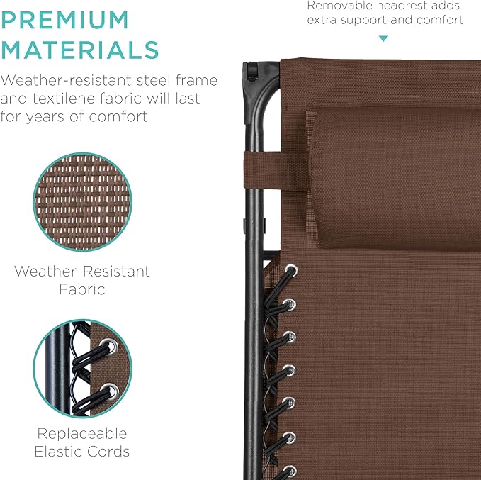 Best Choice Products Folding Zero Gravity Outdoor Recliner Patio Lounge Chair w/Adjustable Canopy Shade, Headrest, Side Accessory Tray, Textilene Mesh - Brown