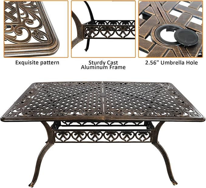 60" Rectangular Patio Dining Tables for 6 Person Cast Aluminum Round PatioTable with 2.5" Umbrella Hole, Wrought Iron Patio Bistro Table Metal Outdoor Bistro Dining Table for Garden,Bronze